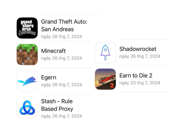 ID Apple Grand GTA San + Minecraft + Shadowrocket + Egern + Earn to Die 2