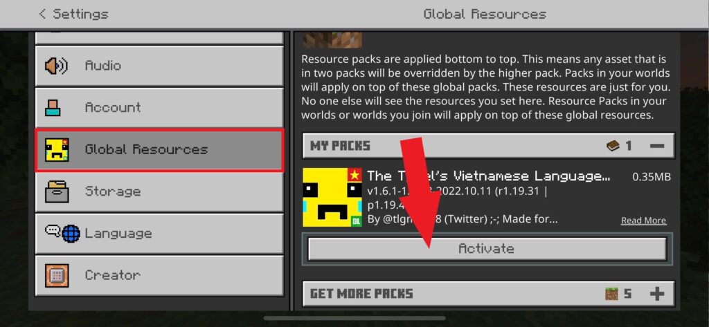 kích hoạt pack Tiếng việt Minecraft